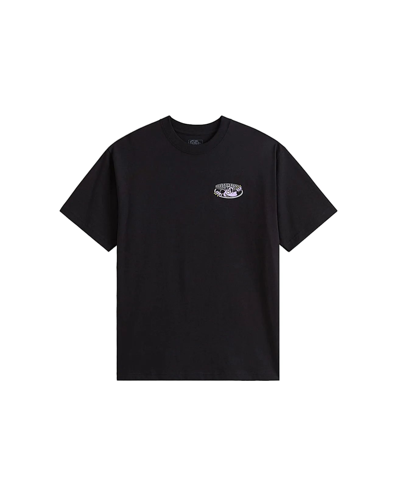 Black t-shirt with a small logo on a light gray background