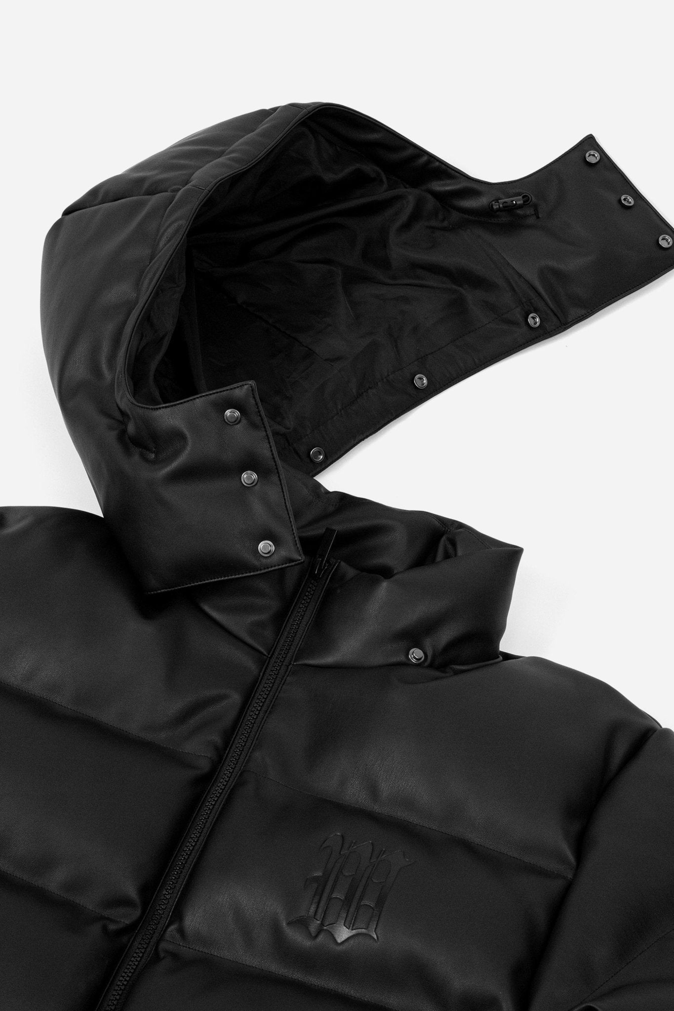Puffer Hood Jacket Faux Leather Black