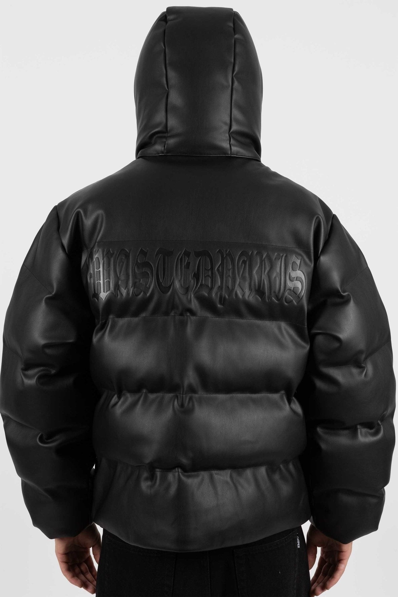 Puffer Hood Jacket Faux Leather Black
