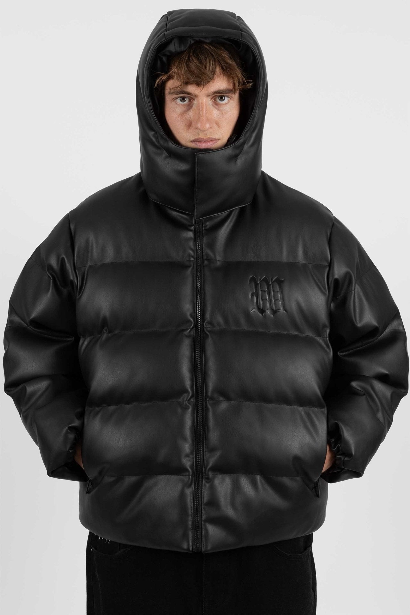 Puffer Hood Jacket Faux Leather Black