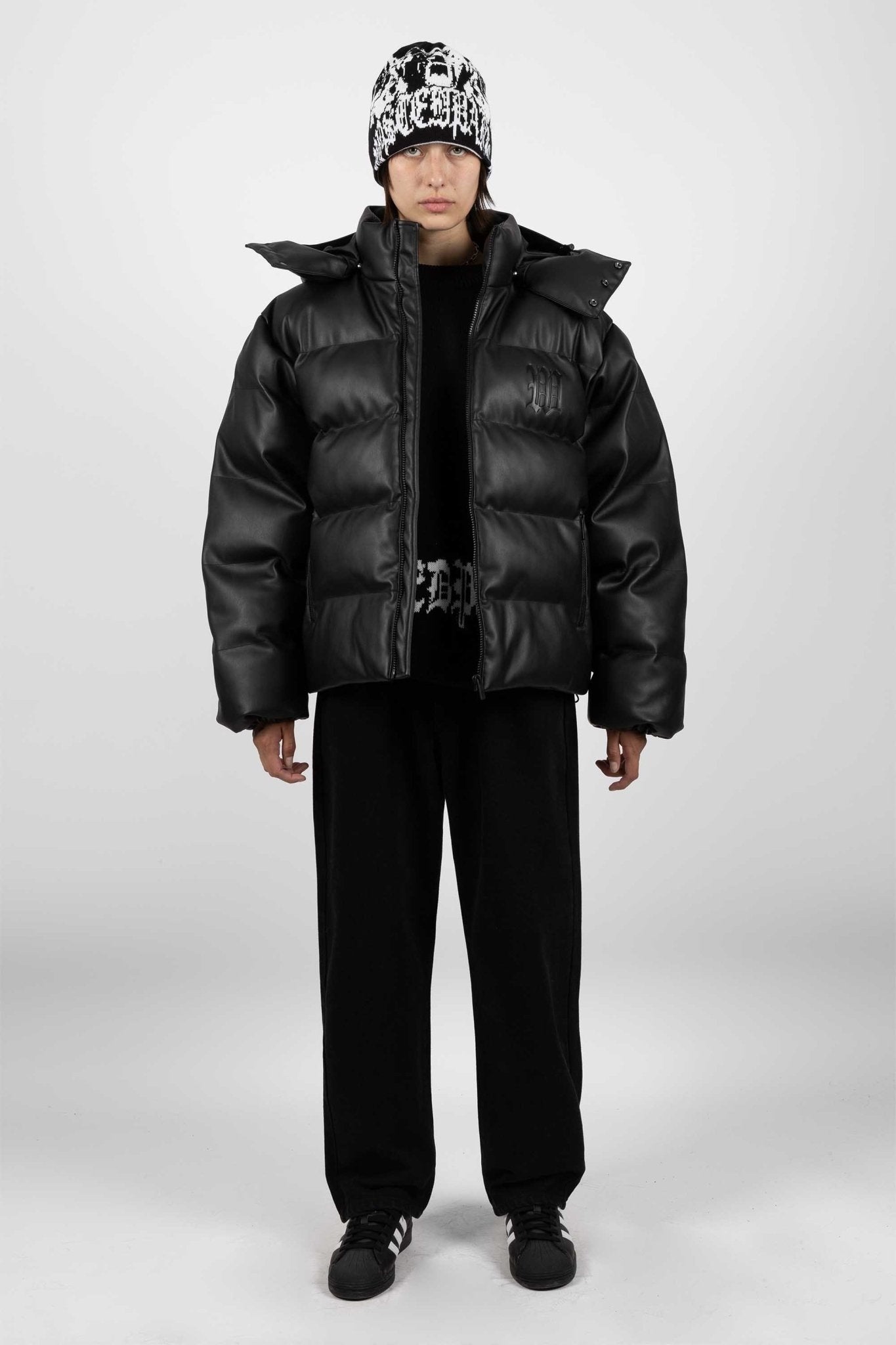 Puffer Hood Jacket Faux Leather Black