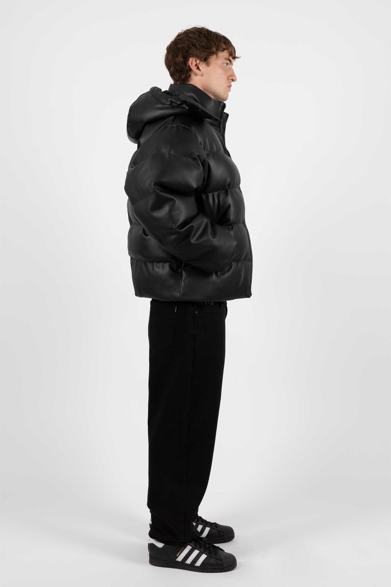 Puffer Hood Jacket Faux Leather Black