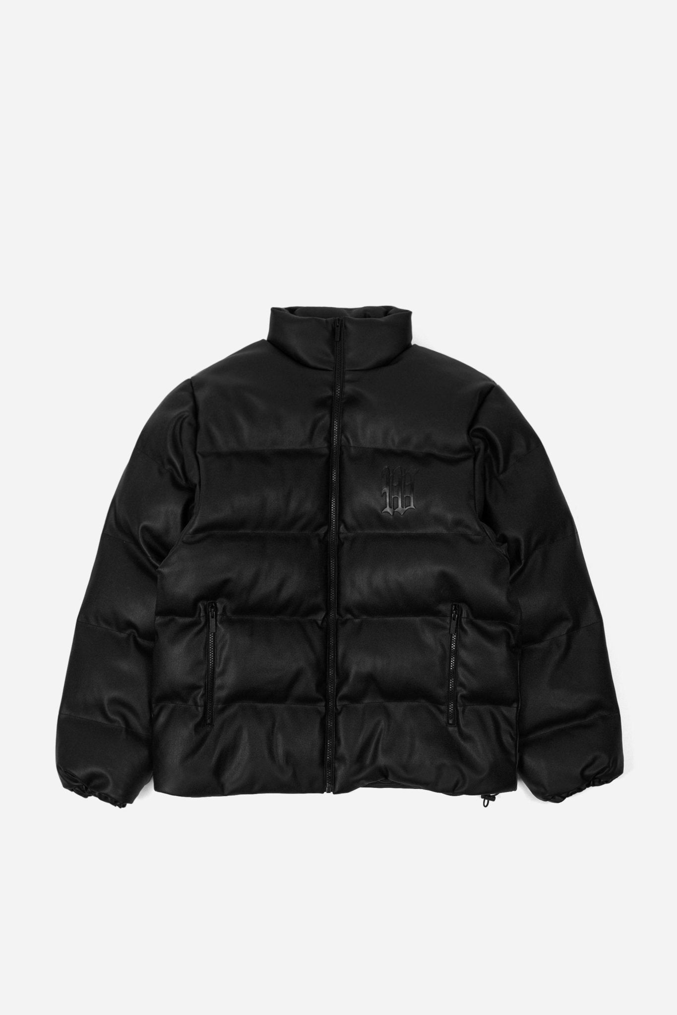 Puffer Hood Jacket Faux Leather Black